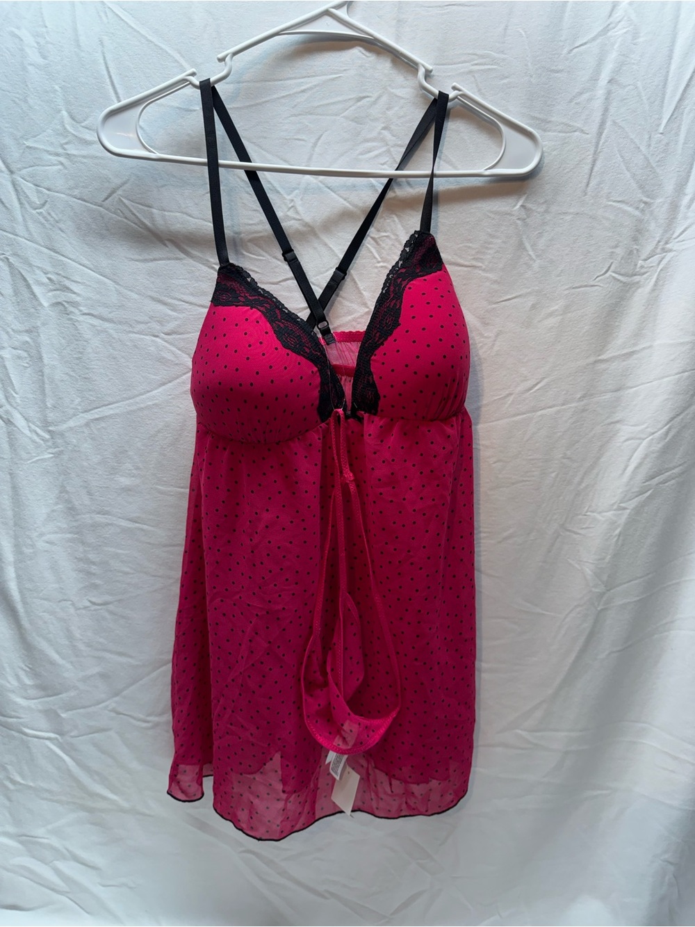 NWT- Gilligan & O'Malley Women's Pink/Black Polka Dot Mesh Lace Babydoll, Size M
